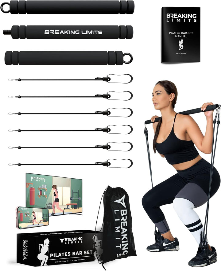 Breaking Limits Pilates Bar Set - Längenverstellbare Fitness Stange + 6 Widerstandsbänder - Ganzkörp