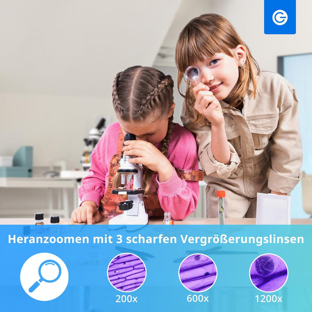 Silvergear® Mikroskop für Kinder | Mikroskop Set Erwachsene & Anfanger | mit 200x, 600x und 1200x Ve