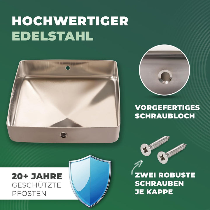 Novatool 20x Edelstahl Pfostenkappen Sparset 71x71mm mit Schrauben, Pfostenabdeckung Pfostenkappe 7,