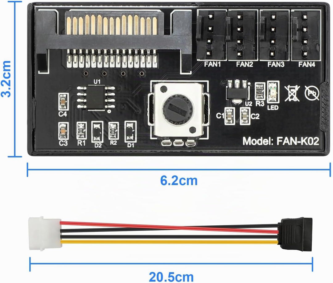 12V 4Pin PWM-Lüftergeschwindigkeitsregler, unterstützt 4 Lüfter, PC-Lüfter-Hub mit SATA-Stromversorg