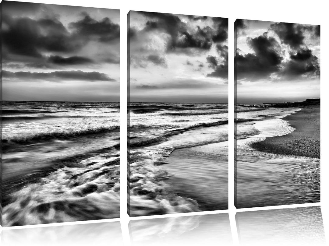 Pixxprint Meereshorizont Sonne hinter Wolken / 3-Teilig/Gesamtmass 120cm Leinwandbild bespannt auf H