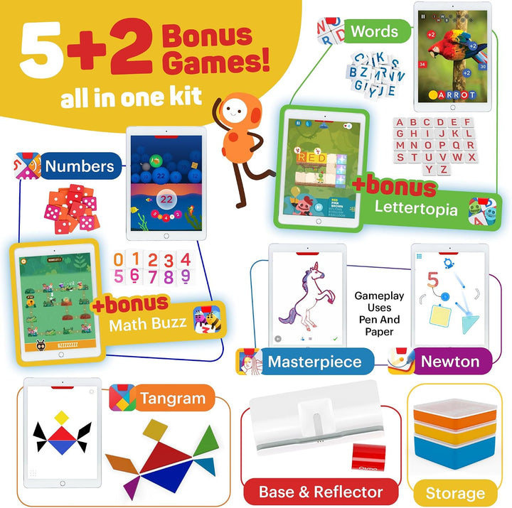 Osmo Genius Starter-Set für iPad + Familienspiel Night7 Lernspiele für Rechtschreibung, Mathematik u