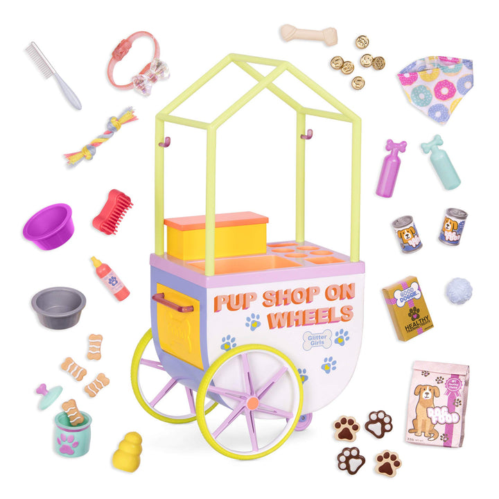 Glitter Girls Verkaufsstand mit Haustierbedarf – Puppenzubehör für 36 cm Puppen mit Hundefutter, Acc