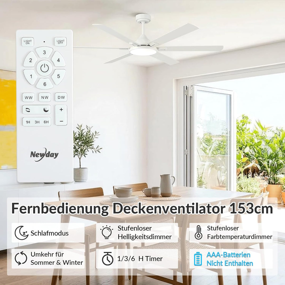Newday Deckenventilatoren Weiss mit 6 Flügel, 153cm Gross Deckenventilator mit Beleuchtung und Fernb