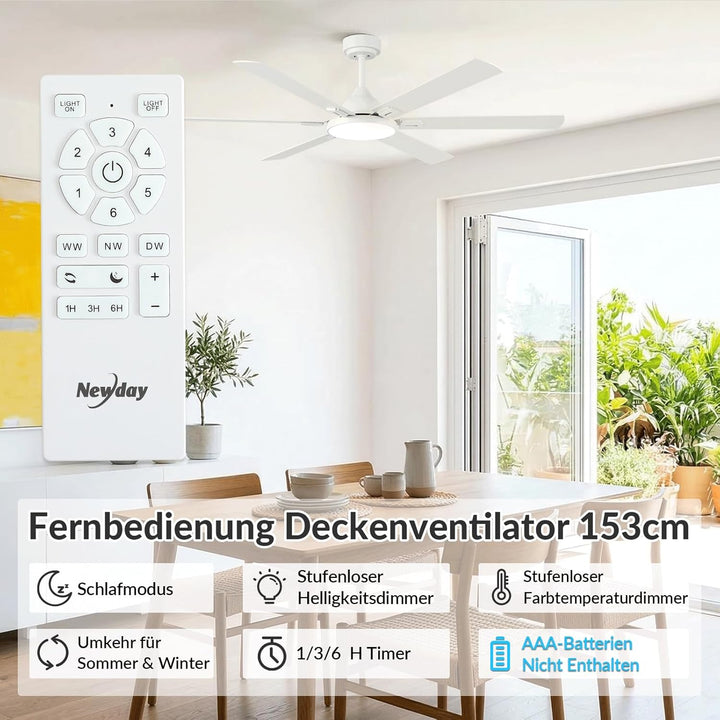 Newday Deckenventilatoren Weiss mit 6 Flügel, 153cm Gross Deckenventilator mit Beleuchtung und Fernb