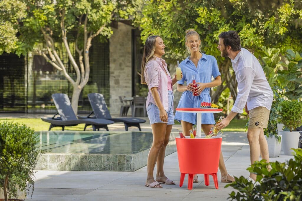 Keter Classic Cool Bar Beistelltisch, 30L, weiss/rot | inklusive Kühlfunktion, ausziehbar zum Cockta