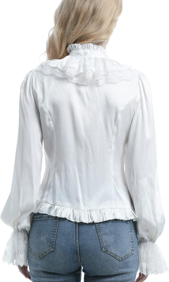 Fiamll Damen Viktorianisch Bluse Vintage Schleifenhemd Stehkragen mit Ruff Langarmshirt Mittelalter