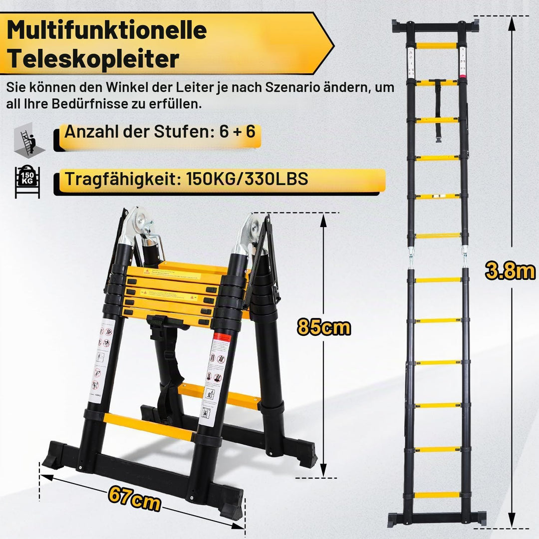 Joparri 3.8M (1.9+1.9) Teleskopleiter Klappleiter Aluminium, Rutschfester Mehrzweckleiter Tragbar Al