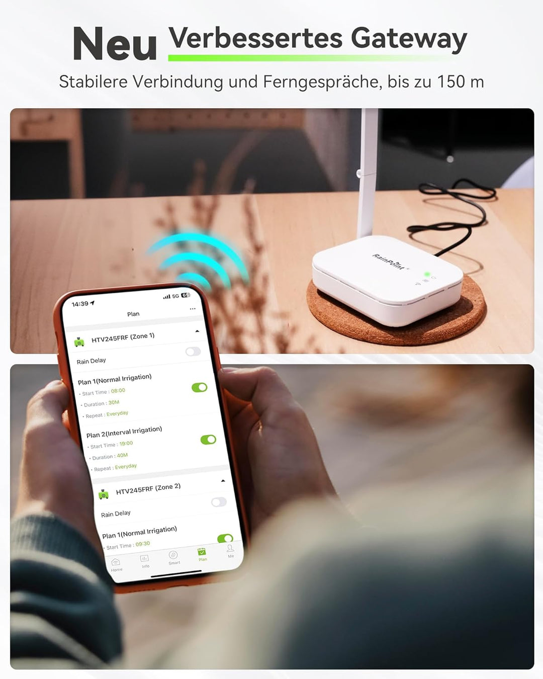 RAINPOINT Bewässerungscomputer WLAN 2 Ausgänge mit Antennen-Gateway und Messingeinlass Smart Bewässe