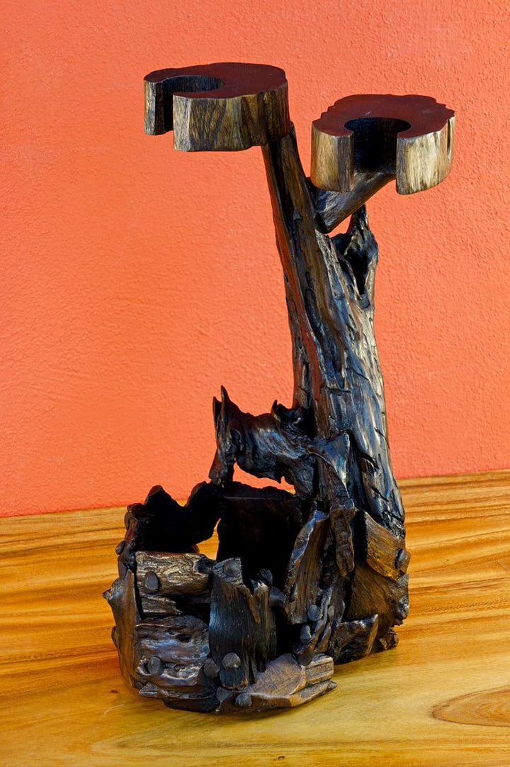 Teak Wurzelholz Flaschenständer - 45cm Teak Flaschenhalter - Edel und dekorativ für 1 Flasche und 2