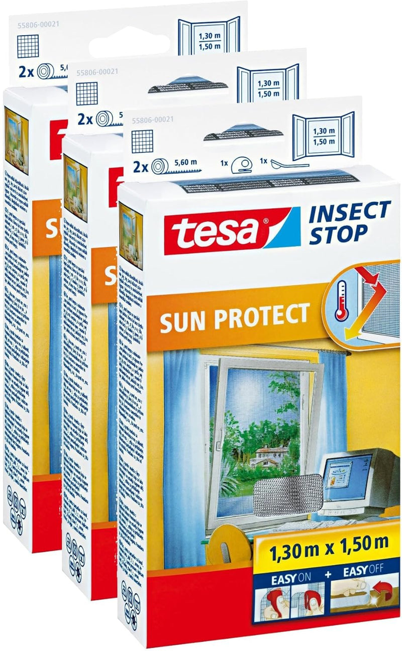 3 Stück tesa Fliegengitter für Fenster inkl. Sonnenschutz, beste tesa Qualität, 1,3m x 1,5m