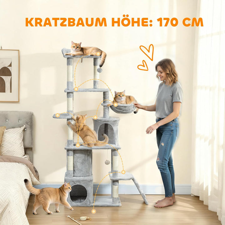 PawHut Kratzbaum 170cm Katzenturm mit Höhle 2 Plüschballen Tunnel Hellgrau | Sisalstämme, Leiter, Pl