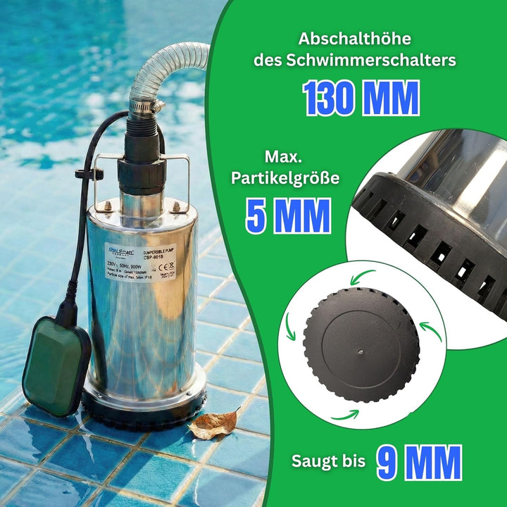 Flachsaugpumpe Edelstahl 900 Watt Kellerpumpe, Tauchpumpe, Poolpumpe