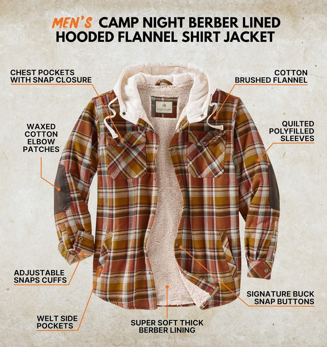 Legendary Whitetails Herren Camp Night Flanell-hemdjacke mit Kapuze und Berber Gefüttert Langärmlig