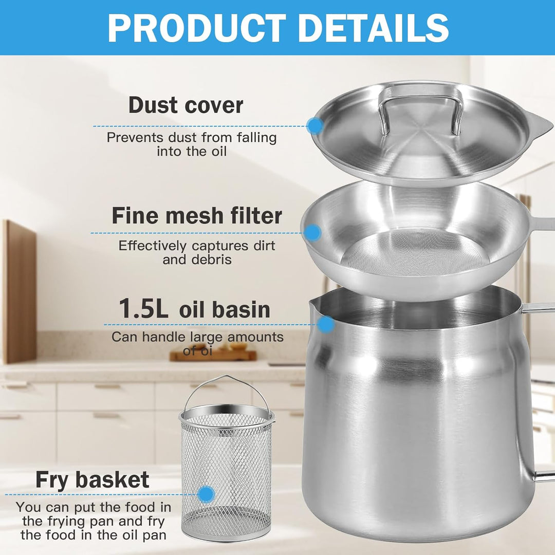 Frittiertopf 1.5L, Frittiertopf mit Sieb aus Edelstahl, Fettbehälter, Frittierkorb für Topf mit Stau