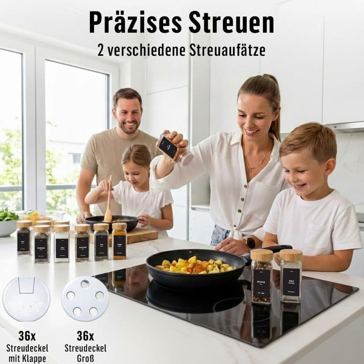 Deco Haus® Gewürzgläser eckig mit Holzdeckel 36er Set [+ Etiketten &amp; Streueinsatz] - Gewürzdosen Set