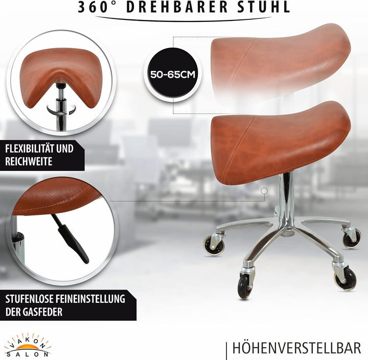 VAKON SALON - Premium Sattelhocker Hellbraun, Sattelstuhl für Rückenentlastung, Rollhocker höhenvers