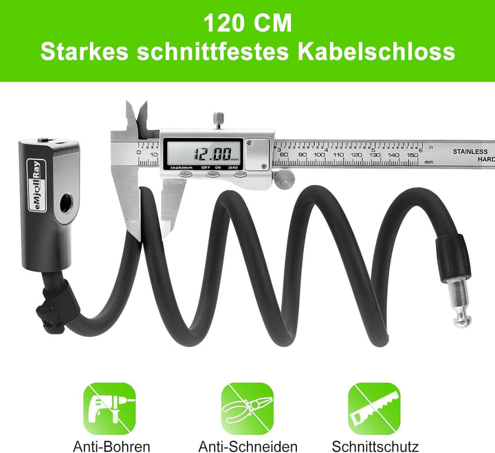 eMjollRay Hochsicheres Fahrradschloss und E Scooter Schloss, 1.2M Kabel mit Halterung und Tasche, Si