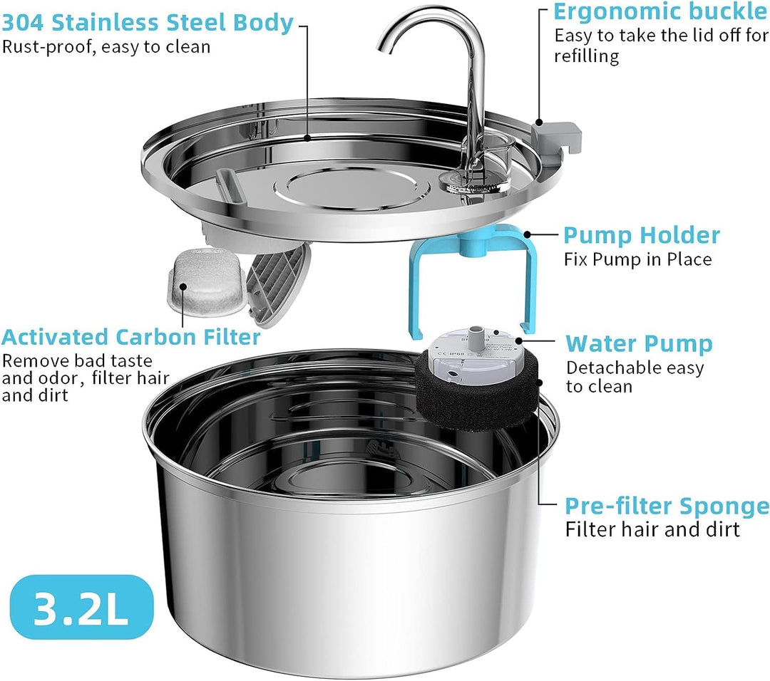 Trinkbrunnen für Katze 3,2L TOMXCUTE Katzenbrunnen aus Edelstahl, wasserbrunnen für Katzen Hunde, mi