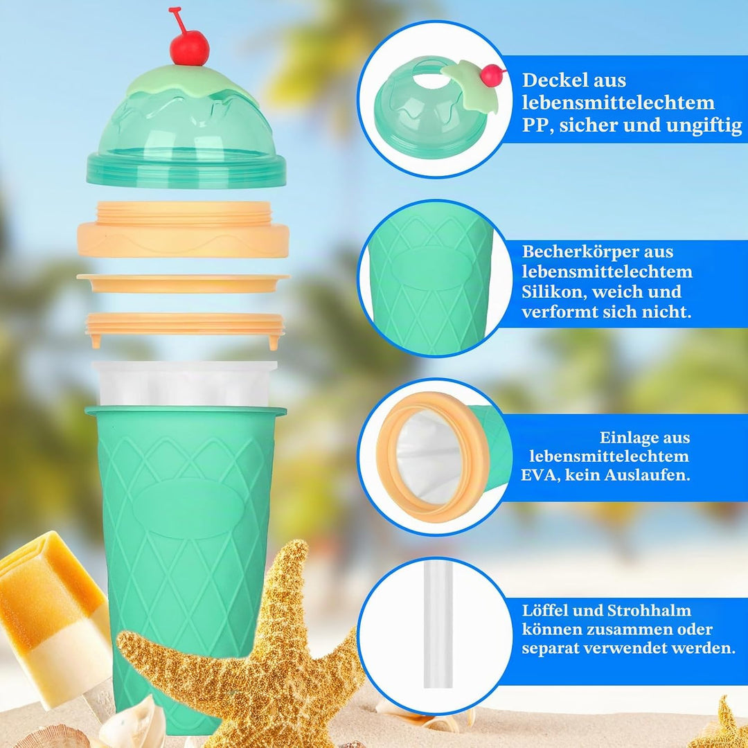 2er Set DIY Slush Becher, Silikon Squeeze Cup mit 2-in-1 Strohhalm und Löffel, Slush Eis Becher zum