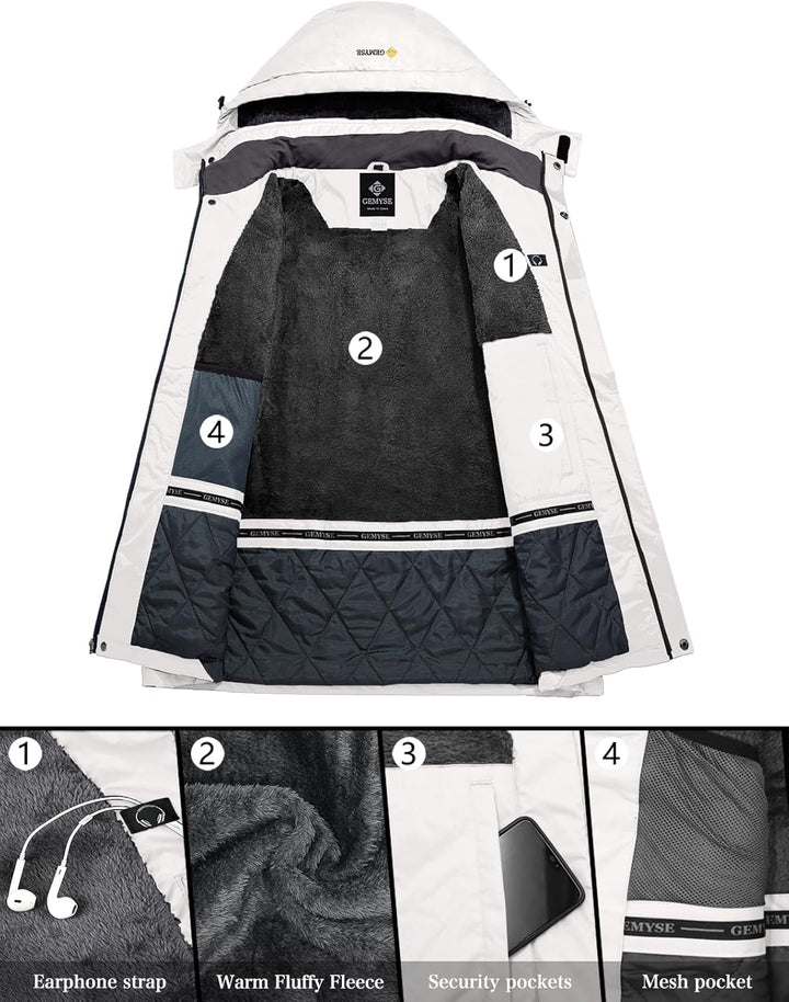 GEMYSE Herren Wasserdichte Berg-Skijacke Winddichte Fleece Outdoor-Winterjacke mit Kapuze XL Weiss 0