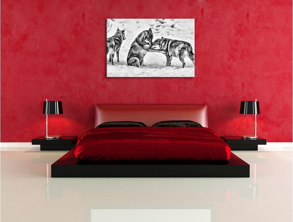 Pixxprint spielendes Wolfsrudel / 100x70cm Leinwandbild bespannt auf Holzrahmen/Wandbild Kunstdruck
