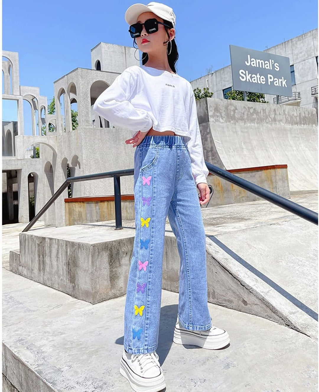 Rolanko Mädchen Jean Hosen Loch Denim Blau Jeans, Vintage Hose mit weitem Bein für Kinder Fit 6-7 Ja