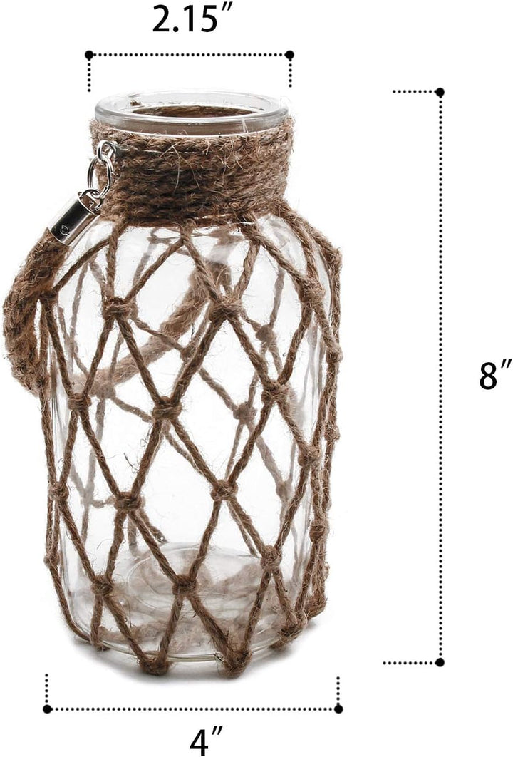Funsoba Rustikales Einmachglas zum Aufhängen, Kreatives Seil, Netz, trockene Blumen, Glasvase mit Gr