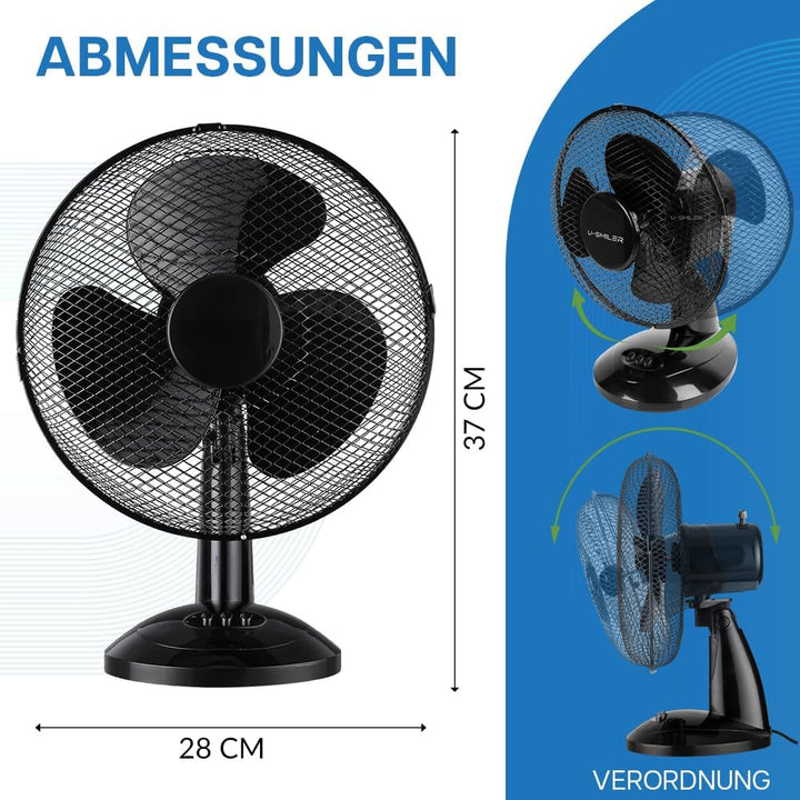 Tischventilator sehr Leise 20W, Ø 28 cm, Ventilator Klein mit Oszillation, 2 Stufen, Höhenverstellba