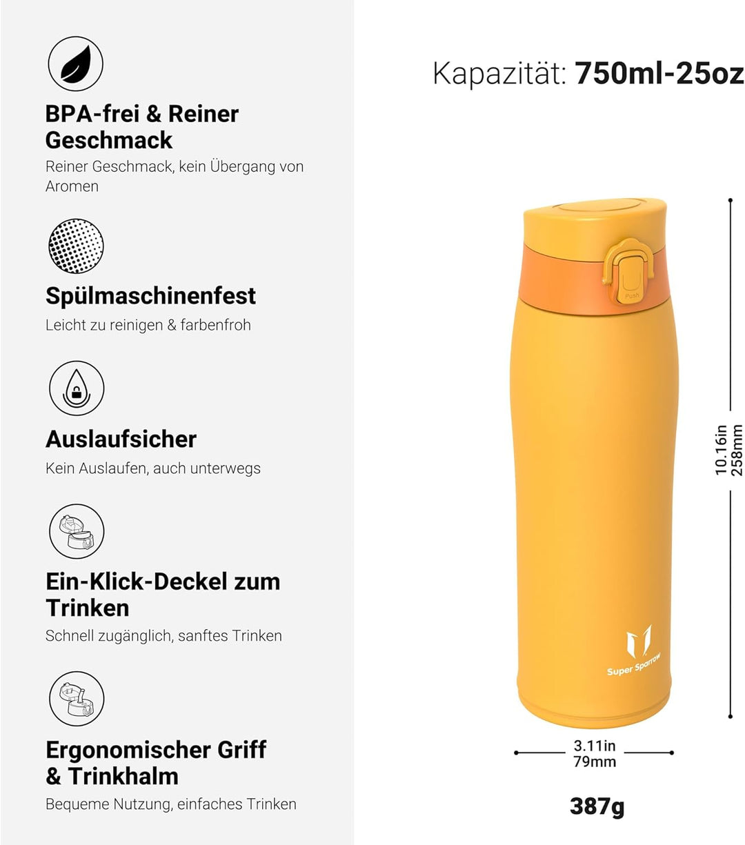 Super Sparrow Trinkflasche Edelstahl 18/8 - Trinkbecher - 750ml - BPA-Frei, Auslaufsicher Thermobech