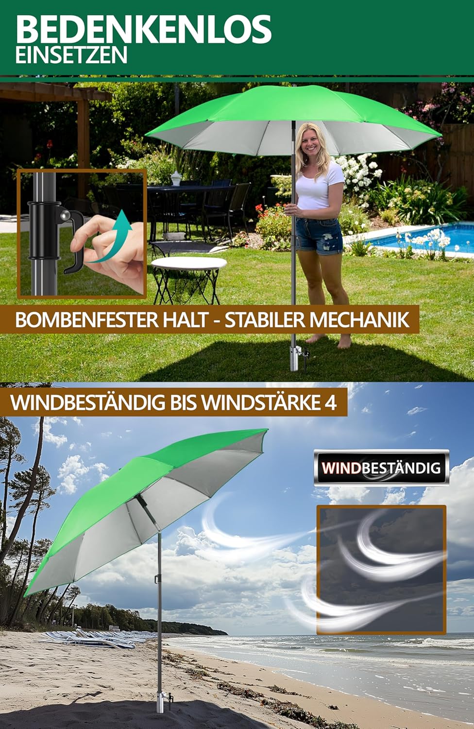 4smile Sonnenschirm Strand 3-in-1 Set, Ø 180 cm, Grün, Strandschirm Windfest Stabil, UV50 Sonnenschu