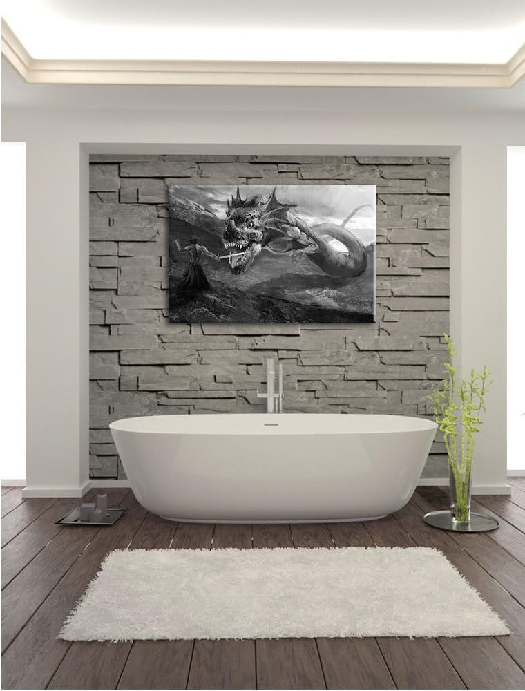 Pixxprint Drache kämpft gegen Krieger / 100x70cm Leinwandbild bespannt auf Holzrahmen/Wandbild Kunst