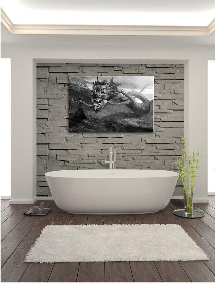 Pixxprint Drache kämpft gegen Krieger / 100x70cm Leinwandbild bespannt auf Holzrahmen/Wandbild Kunst