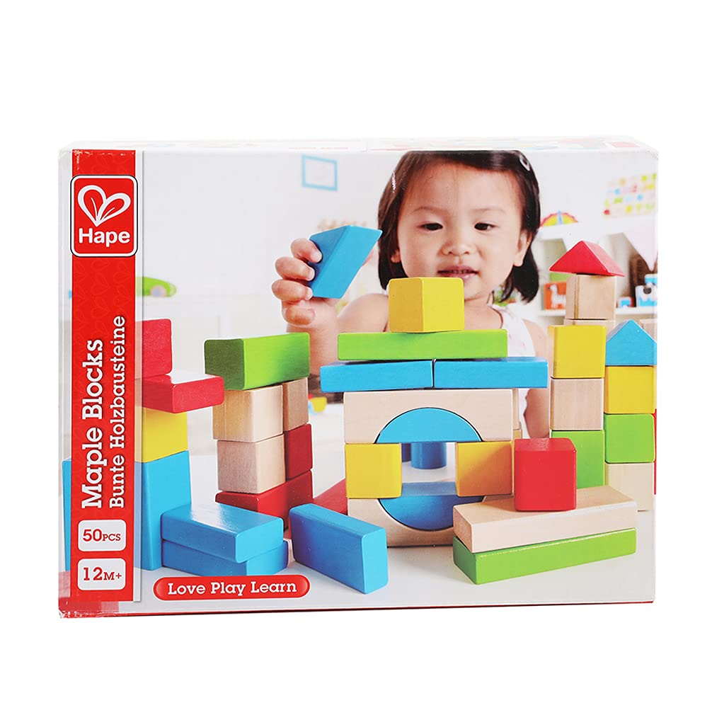 Hape Bunte Holzbausteine für Kinder Holzbausteine-Set zum Stapeln Lernspielzeug für Kleinkinder, 50