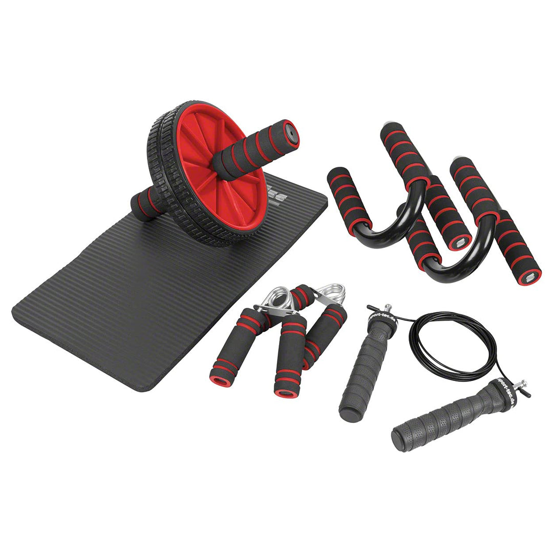 Fitness Set 4-TLG Push-Up Liegestütz Trainer Bauchtrainer Handtrainer Springseil Rot, Rot