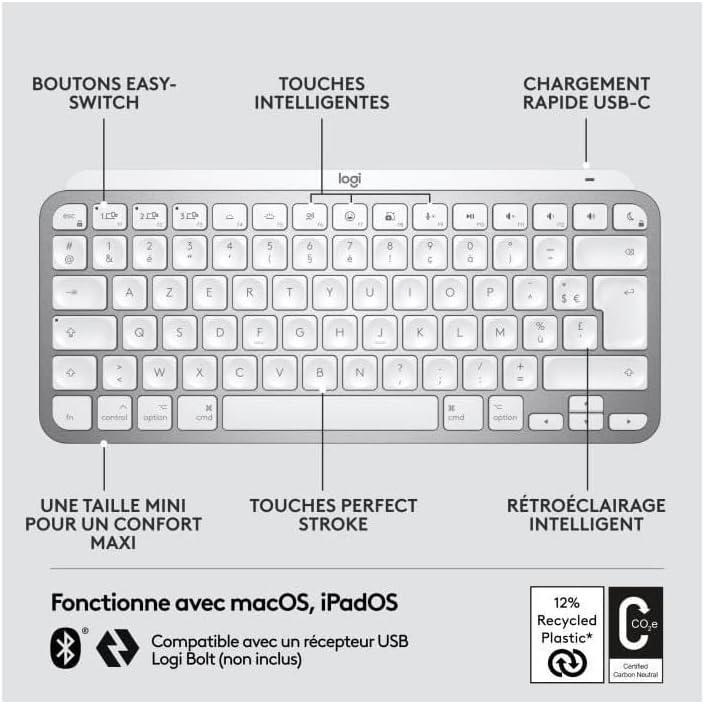 Logitech TECLADO (Frances) MXKEYS Mini F. MAC WRLS Illum. WRLS Pale Grey - FRA - Central