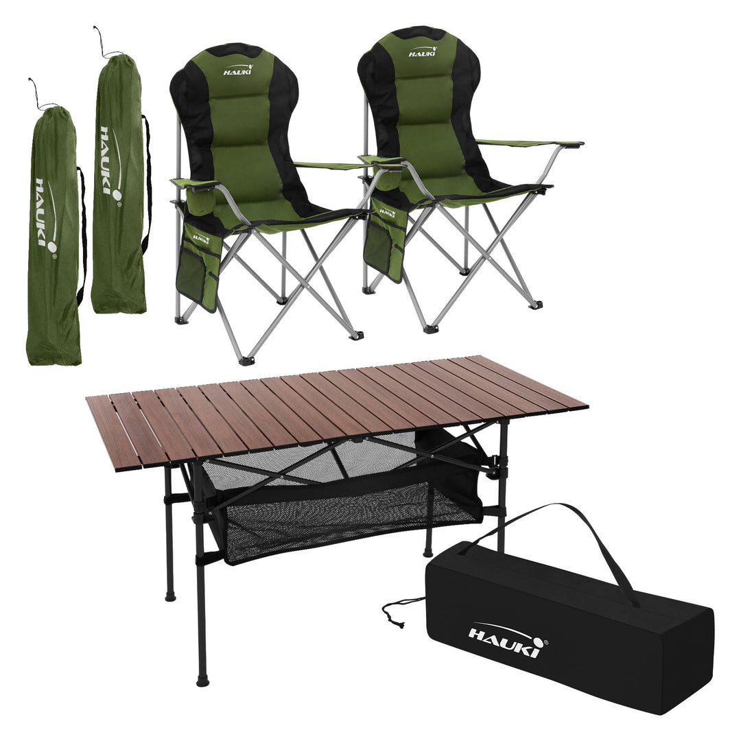 Hauki Campingmöbel Set 3tlg. Campingtisch faltbar Braun mit 2 Campingstühlen Khaki, Camping-Set für
