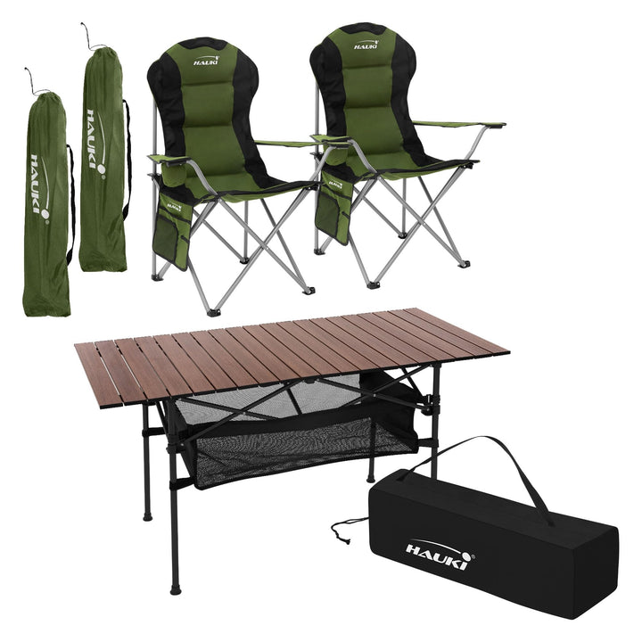 Hauki Campingmöbel Set 3tlg. Campingtisch faltbar Braun mit 2 Campingstühlen Khaki, Camping-Set für