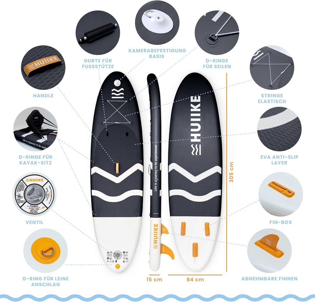 HUIIKE Stand Up Paddling Board mit Zubehör, Paddel, Finnen, Leash, Pumpe, Rucksack. SUP-Board Aufbla