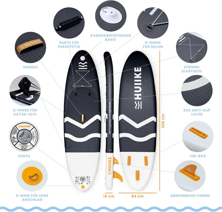 HUIIKE Stand Up Paddling Board mit Zubehör, Paddel, Finnen, Leash, Pumpe, Rucksack. SUP-Board Aufbla