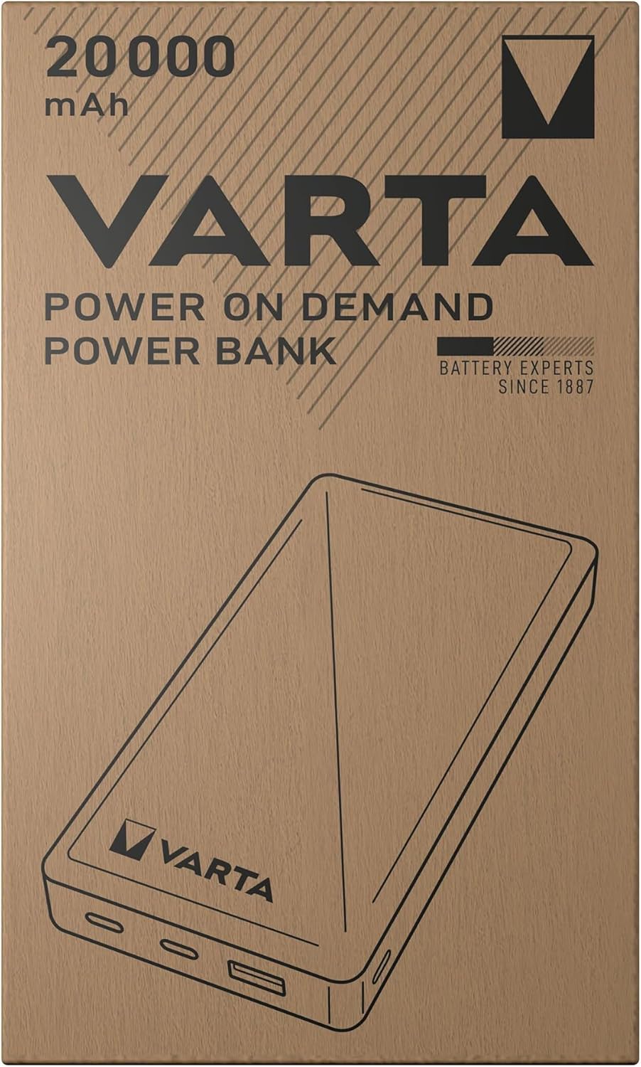 VARTA Power Bank 20000mAh, Powerbank Power on Demand mit 4 Anschlüssen (1x Micro USB, 2x USB A, 1x U