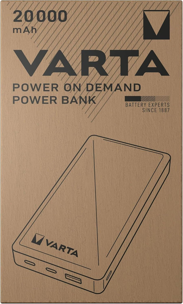 VARTA Power Bank 20000mAh, Powerbank Power on Demand mit 4 Anschlüssen (1x Micro USB, 2x USB A, 1x U