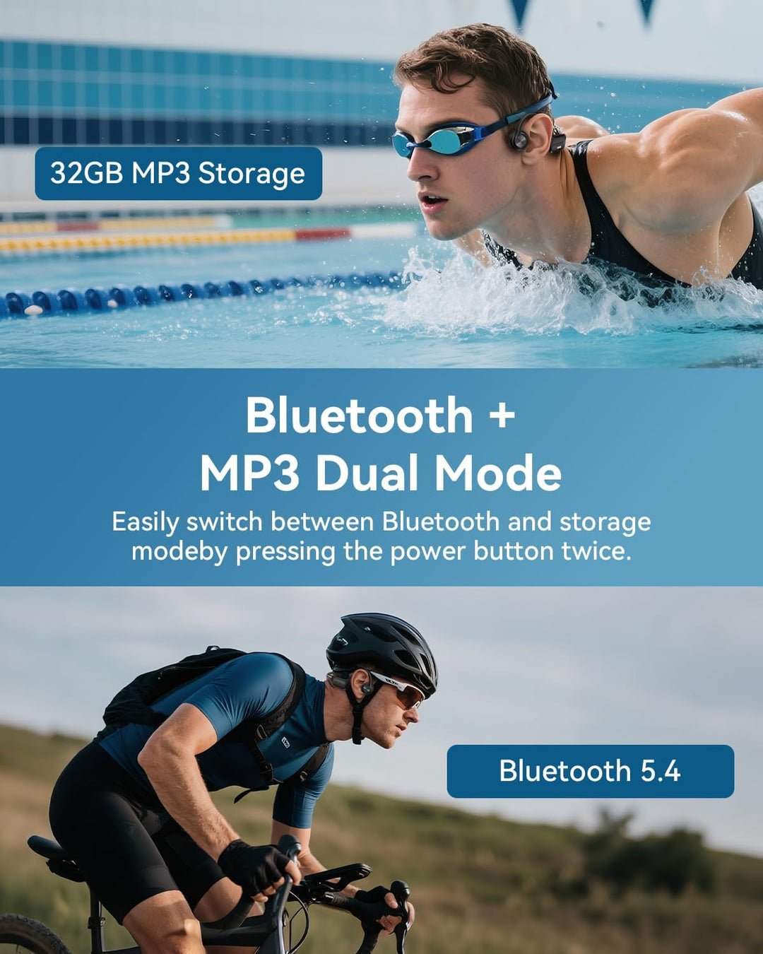 Wantek Kopfhörer Schwimmen,Knochenschall Kopfhörer Bluetooth,IP68 wasserdichte BC3-WANTEK-B1, BC3-WA