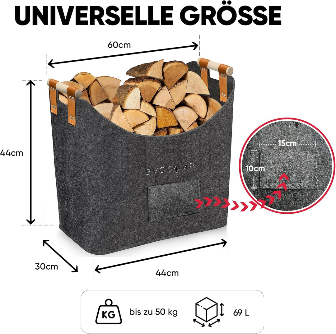 EVOCAMP Filzkorb XXL, Filztasche gross, mit Holzgriffen, Körbe Aufbewahrung, Holzkorb für Kaminholz,