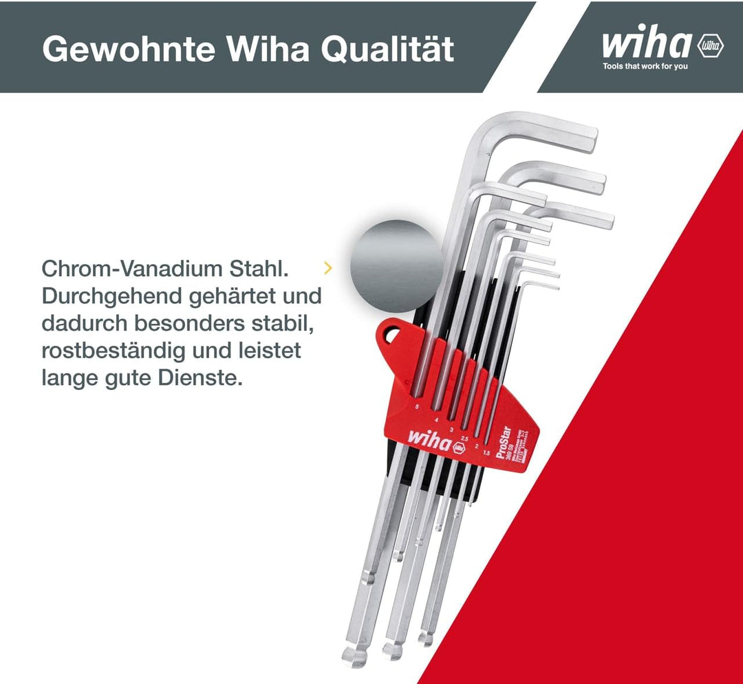 Wiha Stiftschlüssel Set mit ProStar Halter (07185) 10tlg. I Innensechskant Satz mit Kugelkopf I Inne