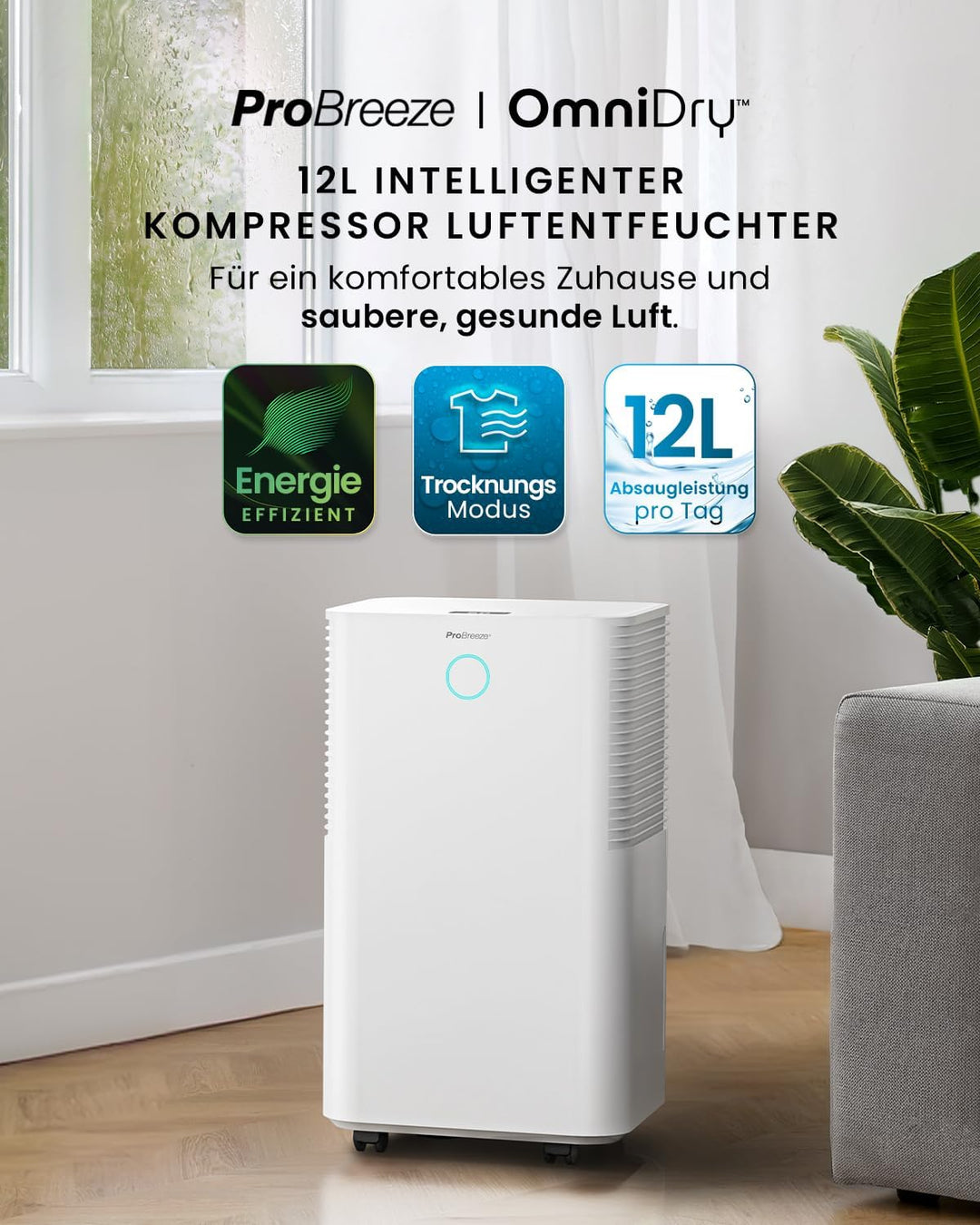 Pro Breeze OmniDry Luftentfeuchter mit App & WLAN, 12L in 24h Entfeuchtungsleistung - Luftentfeuchte