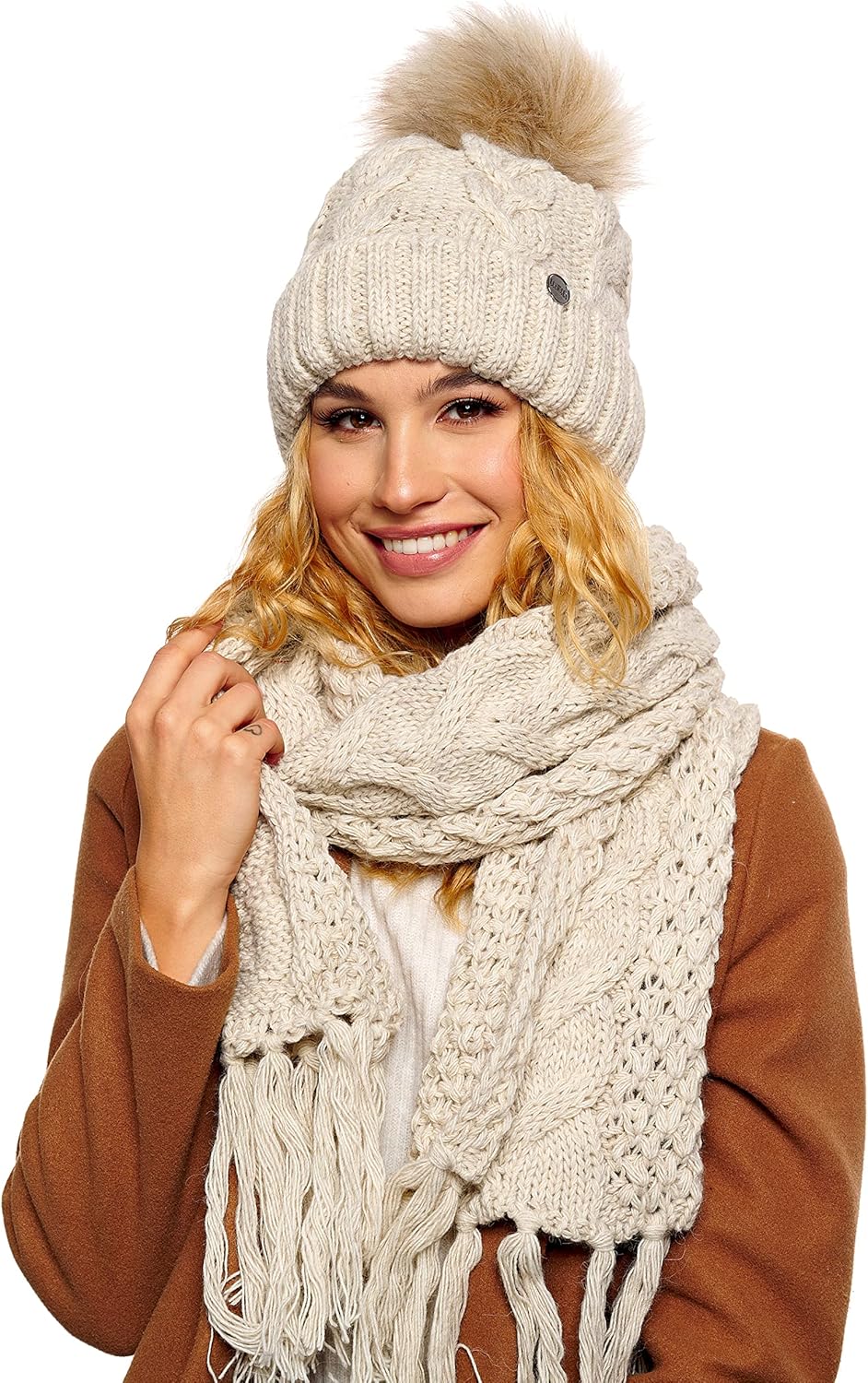 Winter Mütze Damenmütze mit Fell-Bommel Fleece Innenfutter gefüttert - warme Damen Bommelmütze Stric