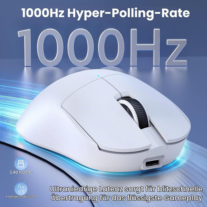 A.JAZZ NJ08 Tri-Mode Kabellose Gaming Maus, 1000Hz 70g Leicht, PC Mouse Mittel-Gross Ergonomisch, 12