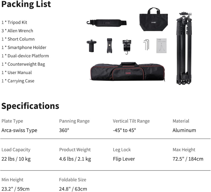 Cayer 72.5" Camera Tripod with Multi-Angle Center Column, Horizontal Tripod Monopod with Ball Head,