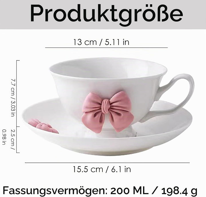 200 ML Kaffeetassen Set mit Untertasse Cute Mug Dunkelrosa Schleife Kaffeebecher Keramik Tasse mit S